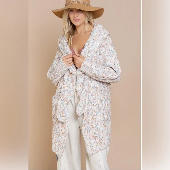 Cozy Confetti Open Front Cardigan Sweater Pink Cream - Picture 2 of 8